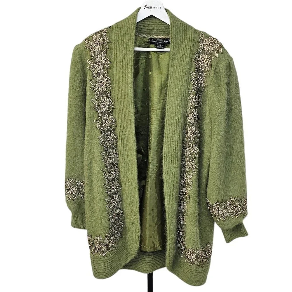 Vintage Angora Wool Blend Soft Beaded Embroidered Puff Sleeve Cardigan  Large